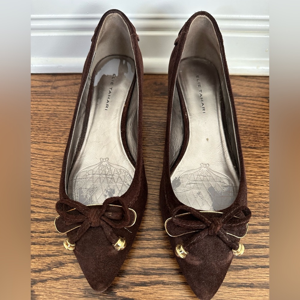 Elie Tahari Dark Brown Suede Kitten Heels with Bows